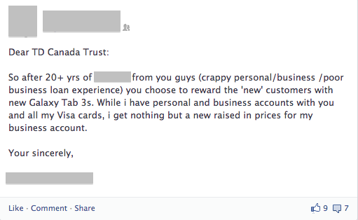 This Facebook post is a great example of what happens when companies reward new, rather than loyal, customers